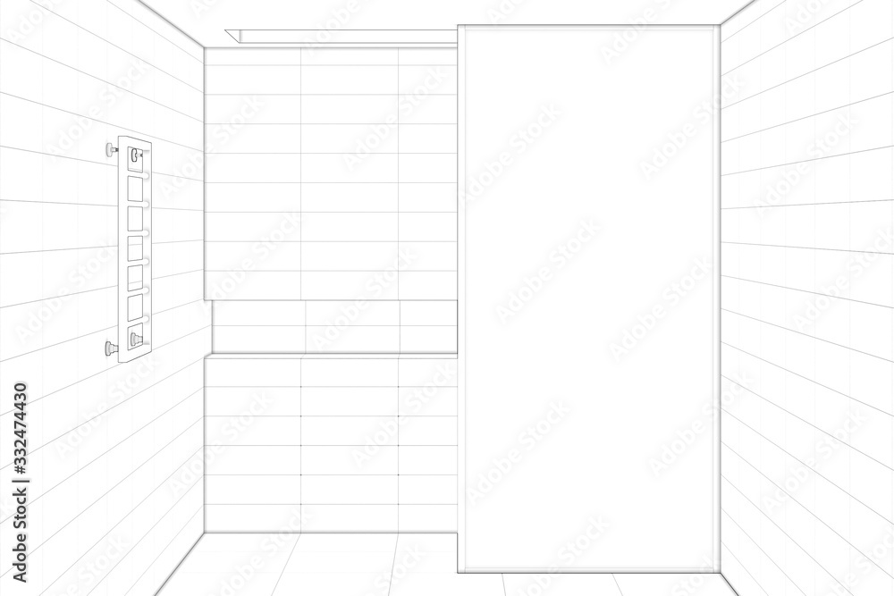 Sketch of the empty minimalistic shower room with a window in the ceiling, a niche for bath accessories and a heated towel rail. Front view. 3d render Sketch of the empty minimalistic shower room with a window in the ceiling, a niche for bath accessories and a heated towel rail. Front view. 3d render