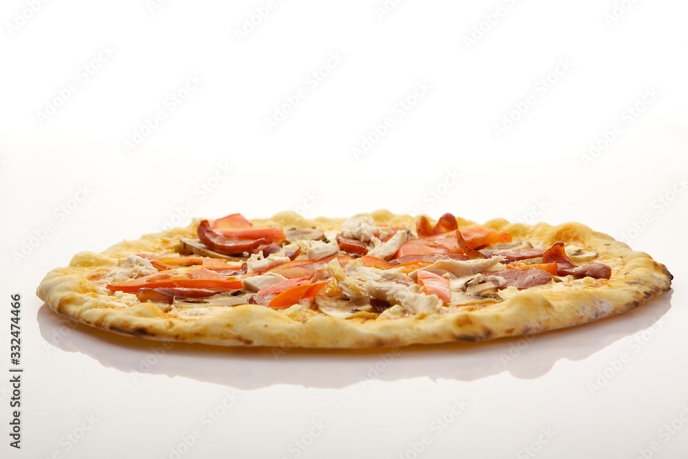 Flatlay of Italian pizza on wooden background. Rustic homemade pizzas with salami, bacon, cheese, eggs and raw vegetables on shabby wooden background. Healthy vegetarian fungi pizza Flatlay of Italian pizza on wooden background. Rustic homemade pizzas with salami, bacon, cheese, eggs and raw vegetables on shabby wooden background. Healthy vegetarian fungi pizza