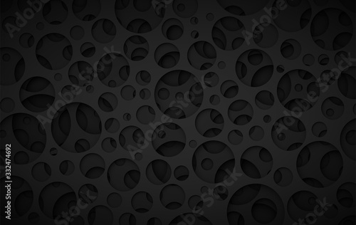 Black background with round openings and depth effect, dark abstract porous structure vector illustration