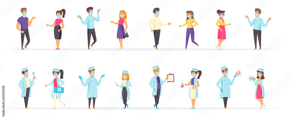 Doctors and patients wearing medical masks to prevent any diseases and viruses. People characters in safety masks vector illustration in flat style. Coronavirus self-protection and prevention scenes