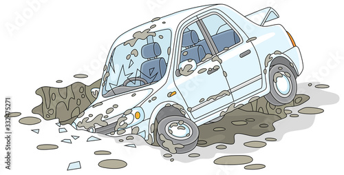 New white car had an accident in a giant dirty and deep pothole on a broken road, vector cartoon illustration isolated on a white background