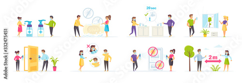 Coronavirus protection and prevention efforts vector illustration. Self-isolation, quarantine, disinfection, personal hygiene, use of antiseptics and safety masks, keeping distance, hand washing scene