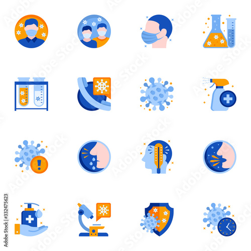Coronavirus epidemic protection flat icons set. Cough, fever and runny nose symptoms. Coronavirus incubation period and infection control vector illustration. Hygiene and antiseptics, quarantine.