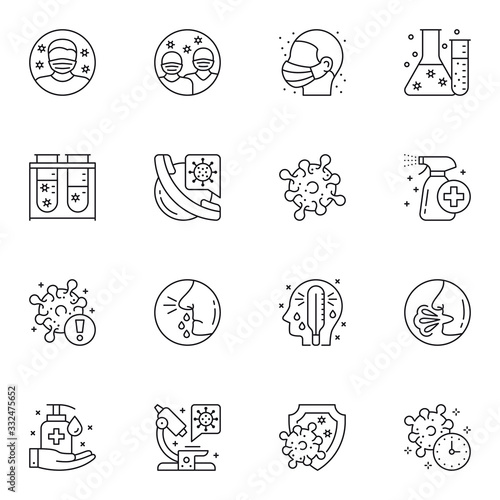Virology diagnosis and treatment thin line icons set. Cough, fever and runny nose symptoms of sickness. Coronavirus laboratory research and testing vector illustration. Personal hygiene and quarantine