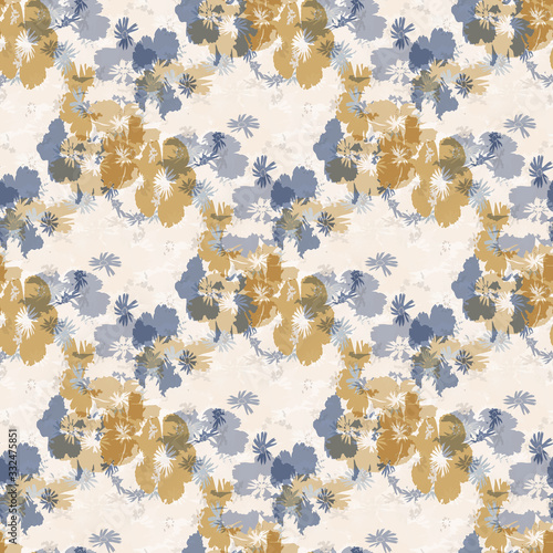 Seamless daisy pattern in french blue linen shabby chic style. Hand drawn floral damask texture. Old white blue background. Interior wallpaper home decor swatch. Ornate flourish motif all over print