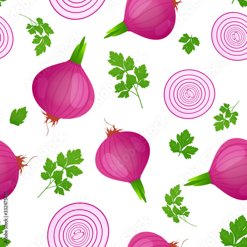 Red onion bulb with green sprout and slice isolated on white background. Ripe onion with parsley leaves. Vector illustration. Seamless pattern.