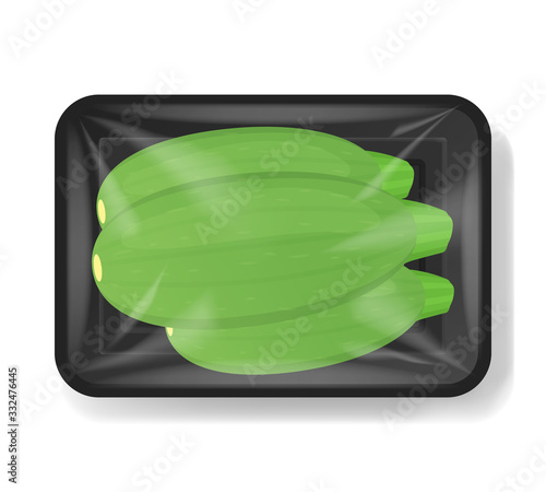 Whole marrow vegetables in plastic tray container with cellophane cover. Mockup template for your design. Plastic food container. Vector illustration.