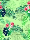Exotic tropical flowers  hibiscus palm leaves pattern seamless. Jungle vector vintage wallpaper