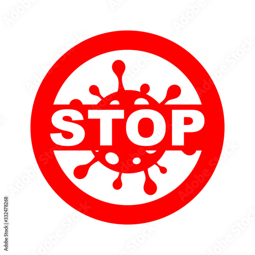 Vector red stoppage sign with white virus inside and black inscription Stop, prohibition symbol with coronavirus, covid-19, Stop Virus logo, isolated Stop Coronavirus symbol, cessation flu