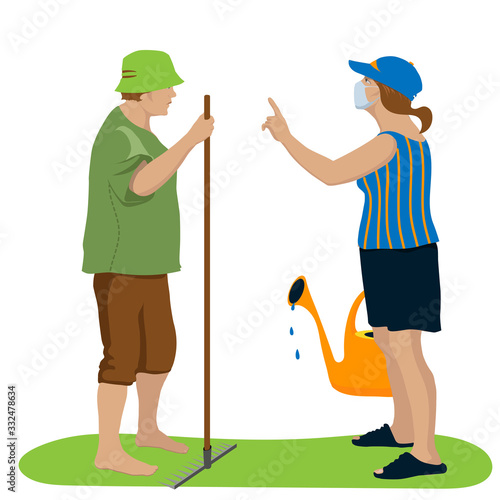 Vector, the concept of relationships with neighbors during the coronavirus pandemic. Lady in the mask. Dispute of two women. Ladies with gardening tools watering can are quarrelling talking.