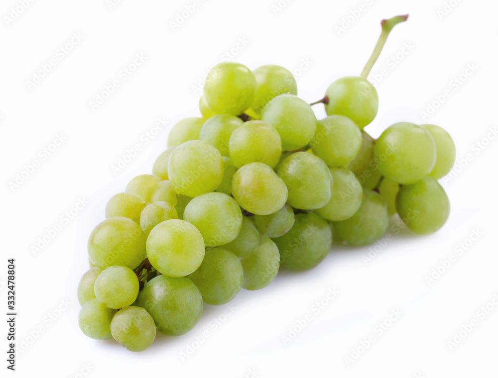 Branch of ripe green grapes on white Branch of ripe green grapes on white