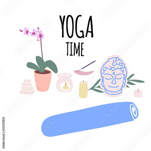 Illustration of items for yoga and meditation, yoga mat, aroma lamp, candles in cartoon style