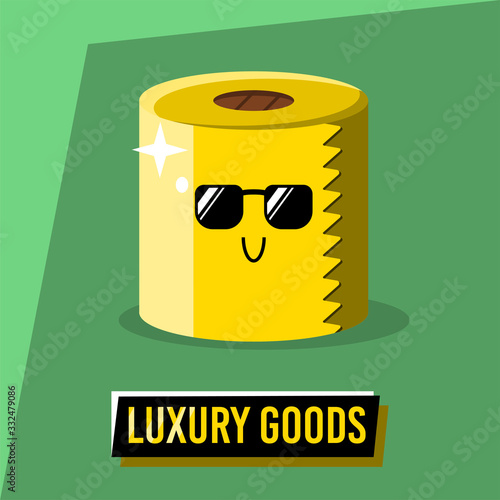 Golden toilet paper roll funny emoji with luxury goods text. Profiteering on coranovirus outbreak. Vector icon toilet tissue in flat style. Concept for panic buying, basic necessities sold out, crisis