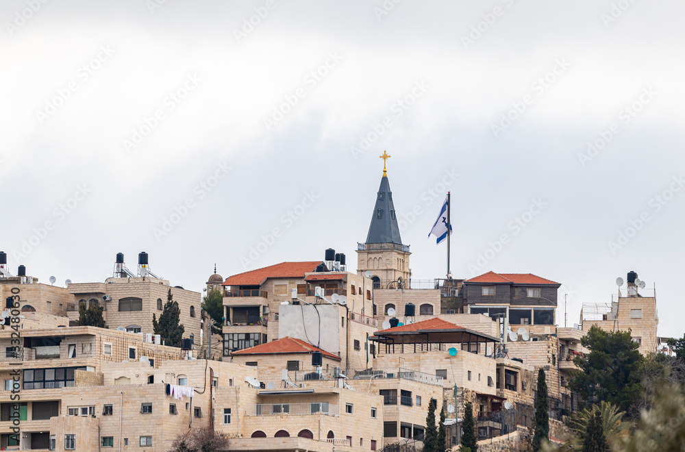 View from the Temple Mount on the Mount of Olives and the Russian Church in the Old Town of Jerusalem in Israel
