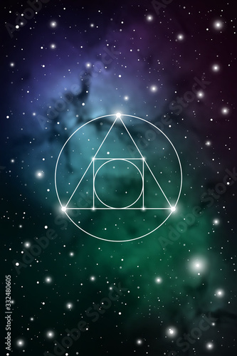 Philosopher stone sacred geometry spiritual new age futuristic illustration with transmutation interlocking circles, triangles and glowing particles in front of cosmic background