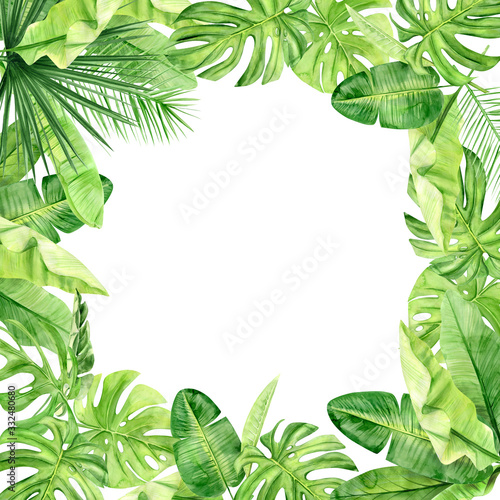 Green palm leaves and flowers frame. Tropical plant. Hand painted watercolor illustration isolated on white background. Realistic botanical art. For Wedding invitations and social media post