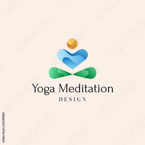 Yoga or meditation center concept logo. Vector illustration with  abstract silhouette of man sitting with crossed legs, putting hands to pray and meditating. Sun, water, earth signs. 