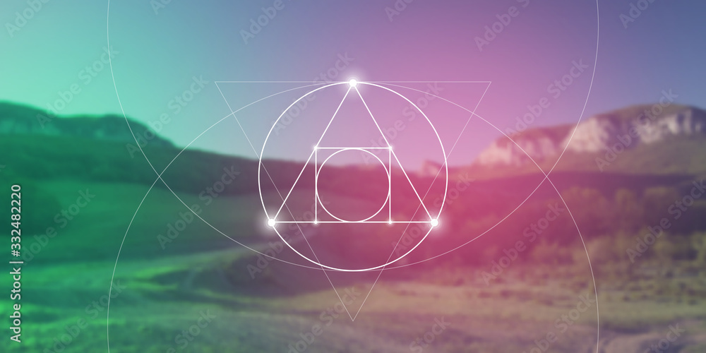 Philosopher stone sacred geometry spiritual new age futuristic illustration with transmutation interlocking circles, triangles and glowing particles in front of blurred background. - obrazy, fototapety, plakaty 