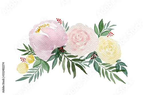 watercolor floral arrangement with roses and peony flower in purple pink and yellow pastel colors, mothers day spring floral bouquet isolated on white