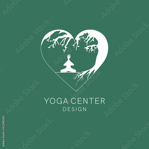 Yoga  center concept logo. Flat vector design illustration with man sitting with crossed legs, putting hands to pray and meditating. Big tree with roots is a metaphor of endless life