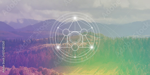 Philosopher stone sacred geometry spiritual new age futuristic illustration with transmutation interlocking circles, triangles and glowing particles in front of blurred background.