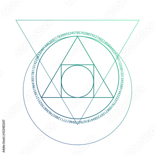 Philosopher stone sacred geometry spiritual new age futuristic illustration with transmutation interlocking circles and triangles on white.
