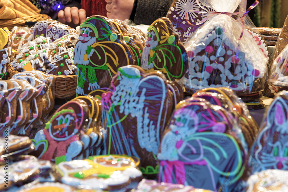 Variety of gingerbread cookies at the Christmas market in Riga