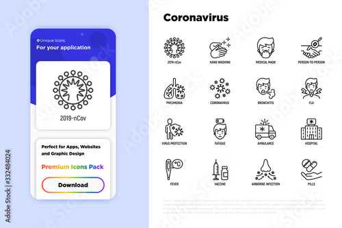 Coronavirus thin line icons set. Symptoms and prevention: 2019-ncov, surgical mask, person-to person, hand washing, pneumonia, bronchitis, ambulance. Vector illustration for mobile user interface.