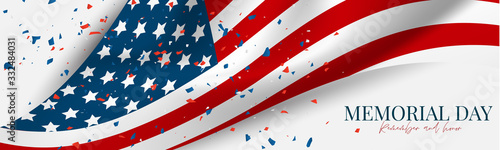 Memorial Day banner, website or newsletter header. Background with American national flag. United States of America holiday. Vector illustration.