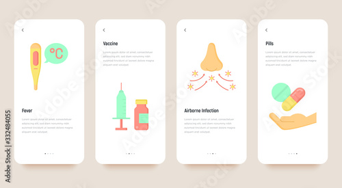 Coronavirus mobile user interface with flat icons. Symptoms and prevention: COVID-19, pneumonia, coughing, bronchitis, pain in throat. Vector illustration, template with copy space.