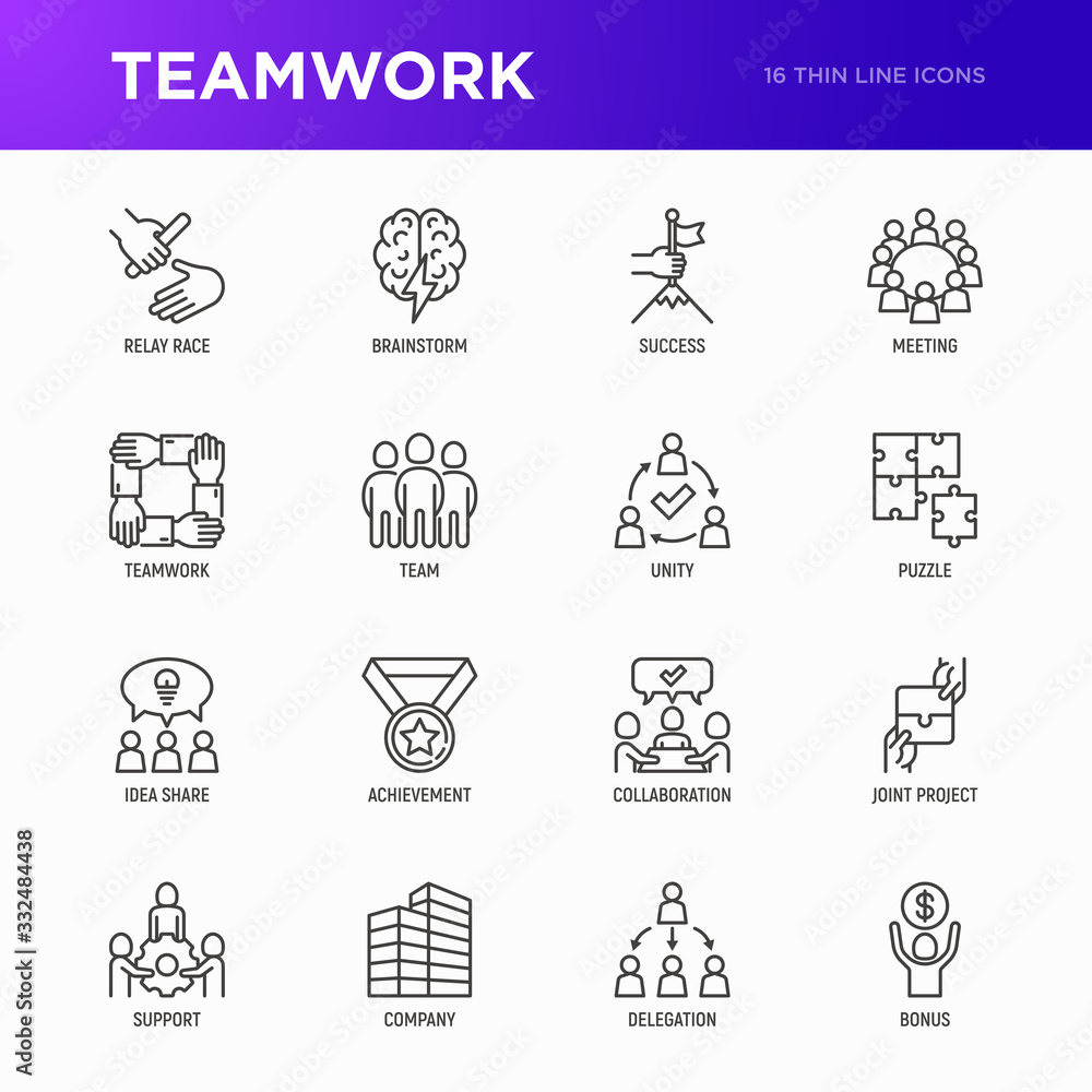 Teamwork thin line icons set: relay race, brainstorm, success, meeting, idea share, collaboration, joint project, unity, support, delegation, bonus. Modern vector illustration.