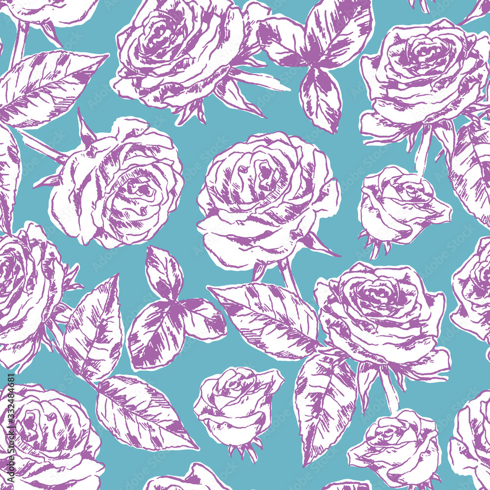 Vector seamless texture with sketch of hand drawn roses. Repeating pattern with floral illustration in teal and purple colors great for textile and wedding designs.