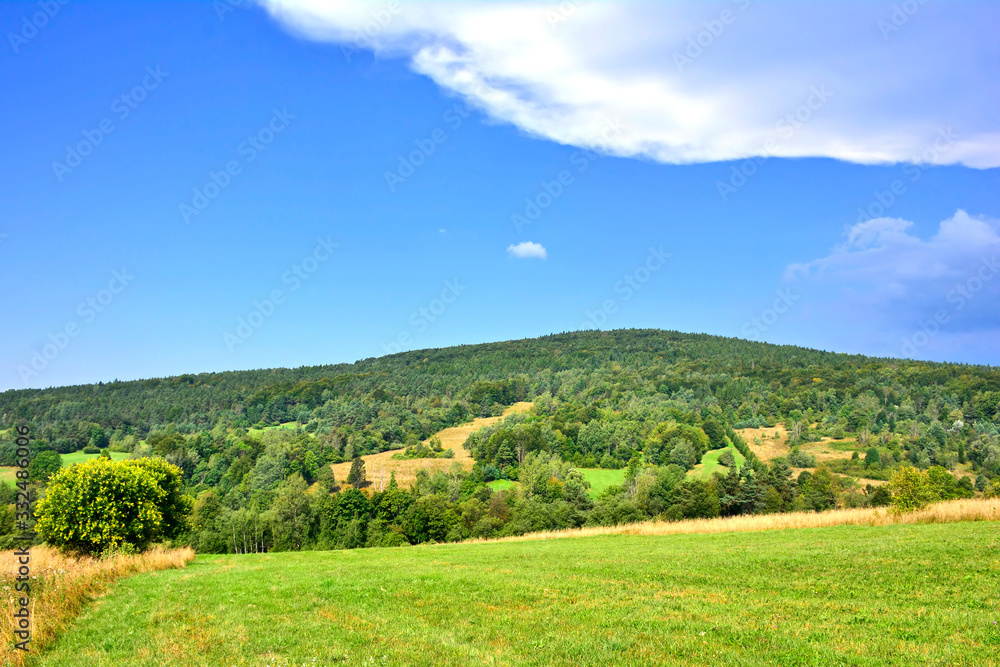 Beautiful summer landscape in the mountains with green meadows and forested hills, Low Beskids (Beskid Niski), Poland Beautiful summer landscape in the mountains with green meadows and forested hills, Low Beskids (Beskid Niski), Poland