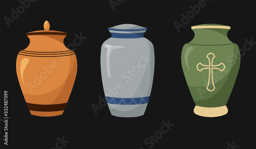 Set of flat design icons of urns for ashes. Cremation and funeral urn with dust. Burial and dead man. Isolated. Vector illustration. photo