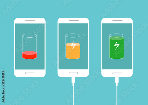 Discharged and fully charged battery smartphone. Set of battery charge level indicators on a display. Vector illustration isolated on blue background.	
