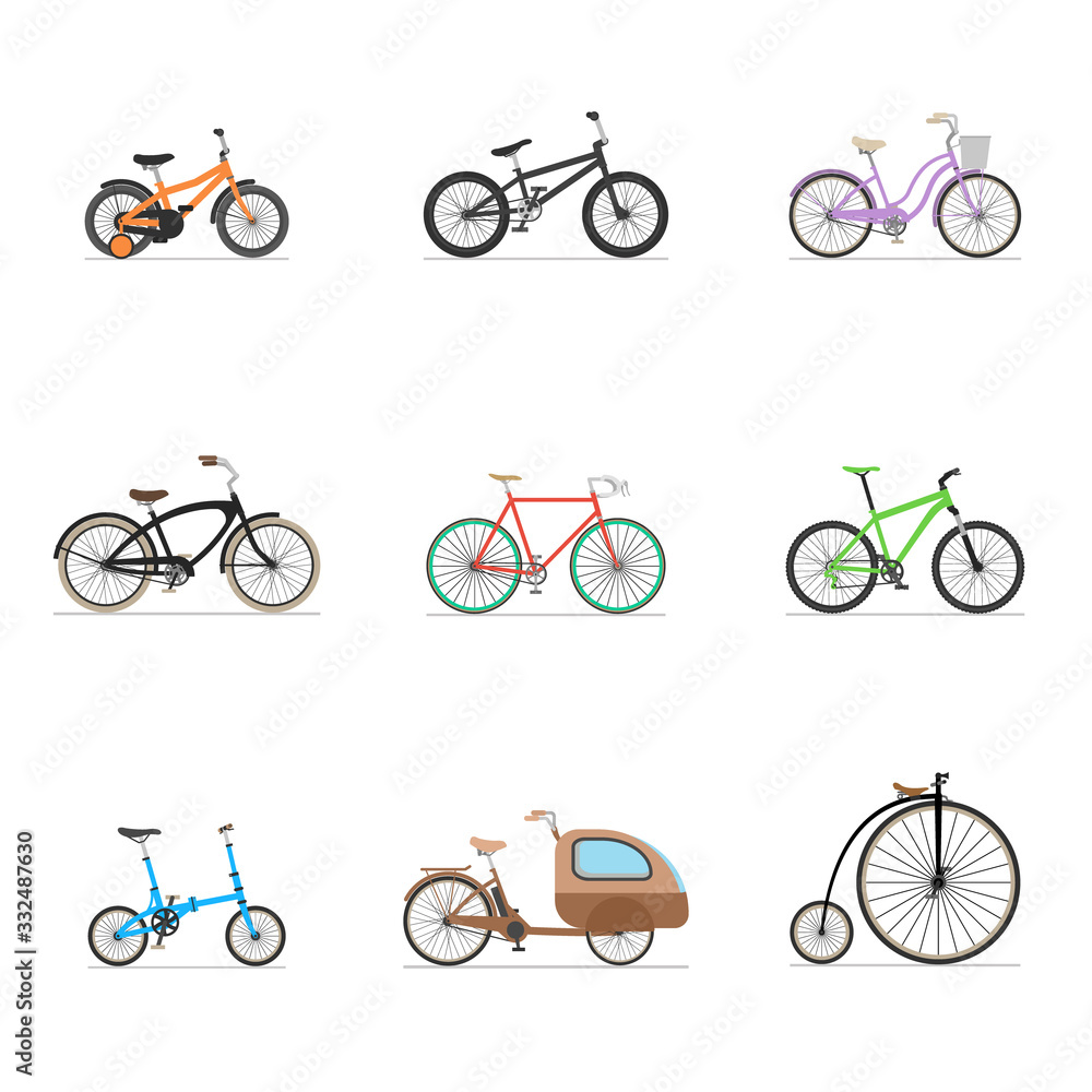 Bike set. Set of flat isolated bicycle icons on a white background. Bike set. Set of flat isolated bicycle icons on a white background.