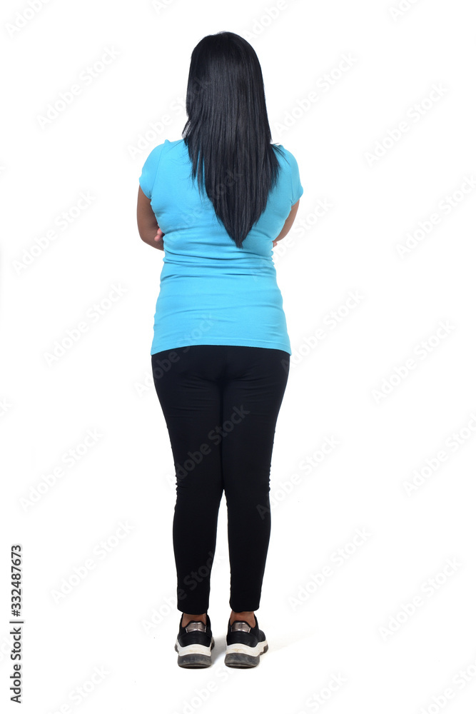 back view of a woman in white background, arms crossed back view of a woman in white background, arms crossed