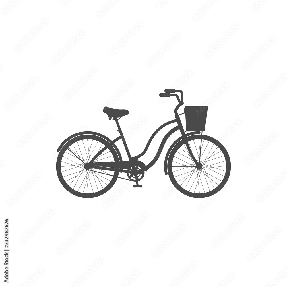 Simple isolated icon of a female cruiser bike with a basket on a white background.