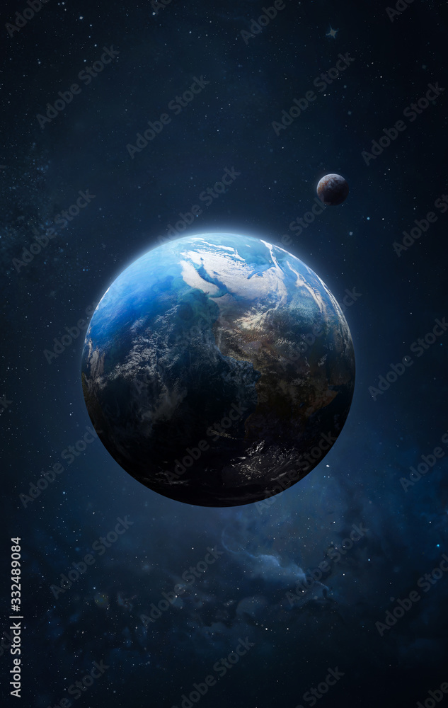 Earth and moon in the space vertical wallpaper. Deep outer cosmos. Elements of this image furnished by NASA