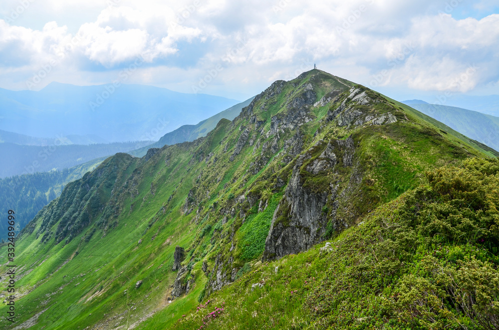 Picturesque Carpathian mountains landscape, view of mount Pip Ivan, Highest Peak of Marmarosy ridge. Ukraine. Colorful, background.