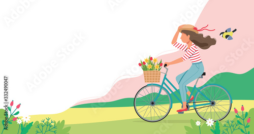 Woman riding a bike in spring with flowers in the basket. Cute vector illustration in flat style.