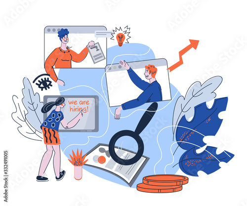Online job interview and recruitment concept with cartoon characters of vacancy applicants and employers. Company staff hiring and seeking matching candidate. Flat vector Illustration isolated.