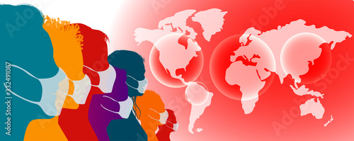 Coronavirus concept. Crowd of people protecting themselves against pandemic epidemic infection. Group of people wearing medical masks. Virus. Antivirus. Contamination. World map