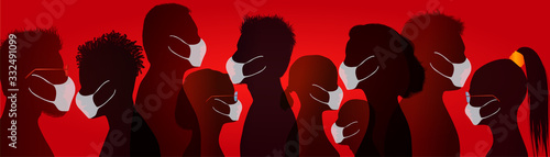 Coronavirus concept. Group of people wearing medical masks. Crowd of people protecting themselves against pandemic epidemic infection. Virus. Antivirus. Contamination. Red background