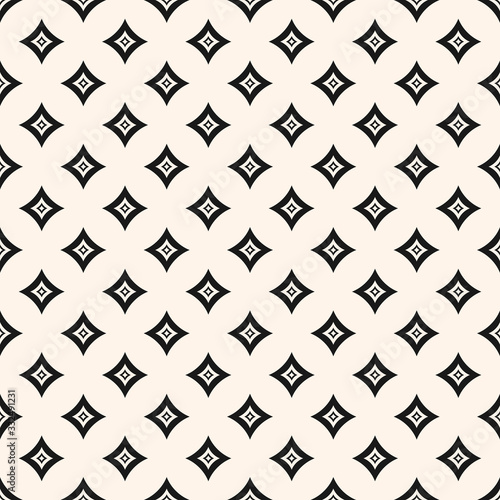 Vector geometric pattern with small diamond shapes, outline rhombuses, stars, curved squares. Abstract modern seamless texture. Black and white repeat background. Geometry design for decor, textile