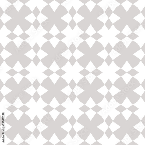 Vector ornamental pattern. Subtle abstract geometric seamless texture with star shapes, rhombuses. Simple white and gray floral ornament. Delicate repeat background. Design for decor, paper, fabric