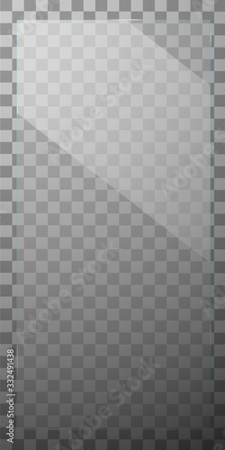 Glass plate on transparent background. Acrylic or plexiglass plates with gleams and light reflections in rectangle shape. Vector illustration.