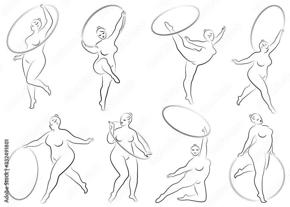 Collection. Gymnastics. Silhouette of a girl with a hoop. The woman is overweight, a large body. The girl is full figured. Vector illustration set.