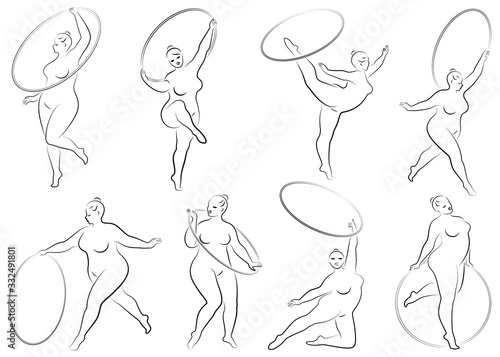 Collection. Gymnastics. Silhouette of a girl with a hoop. The woman is overweight, a large body. The girl is full figured. Vector illustration set.