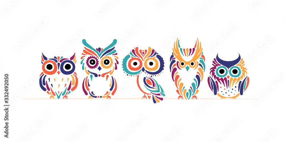 Cute owls family. Colorful style for your design - obrazy, fototapety, plakaty 